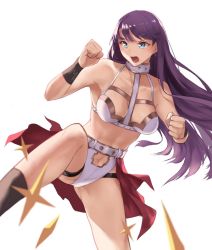Rule 34 | 1girl, bare shoulders, belt, bikini, blue eyes, blush, breasts, cape, cleavage, clenched hands, clenched teeth, clothing cutout, collarbone, den (kur0 yuki), earrings, fate/grand order, fate (series), holy maiden&#039;s teaching, jewelry, knee up, large breasts, long hair, looking at viewer, martha (fate), muscular, muscular female, navel, navel cutout, open mouth, purple hair, red cape, simple background, star (symbol), swimsuit, teeth, thigh strap, thighs, waist cape, white background, white bikini, wristband