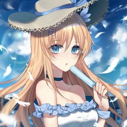 Rule 34 | 1girl, 3874384829, blonde hair, blue choker, blue eyes, blue ribbon, breasts, choker, dress, feathers, food, hair ornament, hair ribbon, hairclip, hat, hat ribbon, holding, holding food, ice cream, long hair, looking at viewer, medium breasts, open mouth, ribbon, saratoga (warship girls r), solo, sun hat, warship girls r, white dress