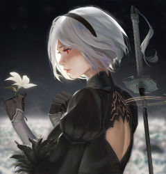 Rule 34 | 1girl, back cutout, black dress, black gloves, blurry, blurry background, clothing cutout, dress, flower, from side, gloves, hairband, hands up, highres, holding, holding flower, juliet sleeves, katana, long sleeves, mole, mole under mouth, nier (series), nier:automata, no blindfold, profile, puffy sleeves, rayxray, red eyes, short hair, smile, solo, sword, upper body, weapon, weapon on back, white flower, white hair, 2b (nier:automata)