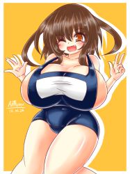 Rule 34 | 10s, 1girl, alternate breast size, ayazumi flutter, blue one-piece swimsuit, blush, breasts, brown eyes, brown hair, female focus, huge breasts, ikazuchi (kancolle), kantai collection, long hair, looking at viewer, one-piece swimsuit, open mouth, plump, school swimsuit, sideboob, simple background, solo, standing, swimsuit, thick thighs, thighs, v, wide hips, wink