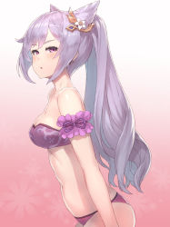 1girl, arm garter, bandeau, bangs, bare shoulders, bikini, blush, breasts, chinese clothes, cleavage, collarbone, cowboy shot, earrings, embarrassed, eyelashes, from side, genshin impact, gradient, gradient background, hair cones, hair ornament, highres, jewelry, keqing (genshin impact), long hair, looking at viewer, looking to the side, medium breasts, parted lips, pink background, purple bikini, purple hair, solo, strapless, strapless bikini, swimsuit, yu mochi (kamiinu)