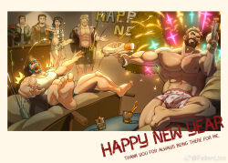 Rule 34 | 1girl, 5boys, ^^^, abs, averting eyes, bag, bara, beard, blush, bulge, calf, celebration, dual wielding, english text, facial hair, fallen sanctuary (fallenlion), falling, feet, full beard, full body, happy new year, heart, heart print, highres, holding, holding water gun, large pectorals, laughing, male focus, male underwear, mature male, multiple boys, muscular, muscular male, navel, new year, nipples, o2h (oblivionh), party, pectoral cleavage, pectorals, perspective, plastic bag, print male underwear, second-party source, short hair, shy, soles, stomach, tank top, thick beard, thick eyebrows, thick mustache, thick thighs, thighs, topless male, underwear, water gun, white male underwear, white tank top