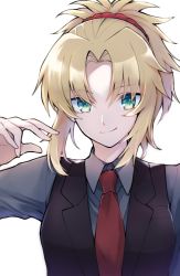 Rule 34 | 1girl, black vest, blonde hair, breasts, closed mouth, collared shirt, fate/grand order, fate (series), green eyes, grey shirt, hair ornament, hair scrunchie, long hair, looking at viewer, maru (pixiv51714255), mordred (fate), mordred (fate/apocrypha), necktie, parted bangs, ponytail, red necktie, red scrunchie, scrunchie, shirt, smile, solo, upper body, vest