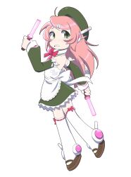 Rule 34 | 1girl, absurdres, apron, back bow, beret, blush, bow, bowtie, clenched teeth, collared dress, commentary, detached sleeves, dress, english commentary, evilfrap, full body, glowstick, green eyes, hair ornament, hairclip, hat, highres, long hair, long sleeves, maid, mary janes, momone momo, nose blush, pink hair, robot ears, shoes, sleeveless, sleeveless dress, solo, teeth, thighhighs, utau, very long hair
