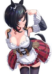 Rule 34 | 1girl, animal ears, bare shoulders, black hair, black thighhighs, blue eyes, blush, breasts, choker, cleavage, commentary, detached sleeves, dirndl, dress, ear ornament, eishin flash (umamusume), frilled dress, frills, german clothes, highres, horse ears, horse girl, horse tail, large breasts, long sleeves, looking at viewer, looking to the side, open mouth, philo 324, pleated skirt, red choker, short hair, simple background, skirt, sleeveless, sleeveless dress, smile, solo, tail, thighhighs, umamusume, white background