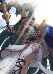 Rule 34 | 1girl, breasts, chain, collarbone, diadem, forehead jewel, gold chain, green eyes, green hair, highres, holding, holding staff, joypendant, kid icarus, kid icarus uprising, light rays, long hair, looking at viewer, nintendo, palutena, shield, single thighhigh, solo, staff, sunbeam, sunlight, thighhighs, vambraces