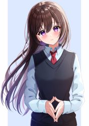 Rule 34 | 1girl, black sweater, blue background, blush, border, brown hair, closed mouth, collared shirt, colored inner hair, hair between eyes, head tilt, highres, long hair, long sleeves, looking at viewer, multicolored hair, nao (nao85364), necktie, original, pillarboxed, purple eyes, red necktie, shirt, silver hair, sleeves past wrists, smile, solo, straight hair, sweater, sweater vest, two-tone hair, upper body, very long hair, white border, white shirt, wing collar