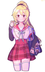 Rule 34 | 1girl, arm at side, bag, black scrunchie, blonde hair, blue ribbon, blush, breasts, brown eyes, charm (object), closed eyes, collarbone, cowboy shot, cropped legs, dot nose, earbuds, earphones, fingernails, hair between eyes, half-closed eyes, hand up, happy, high ponytail, jewelry, kamihama university affiliated school uniform, large breasts, legs apart, long hair, long sleeves, looking at viewer, magia record: mahou shoujo madoka magica gaiden, mahou shoujo madoka magica, paru rari, plaid, plaid skirt, ponytail, rabbit, red sailor collar, red skirt, ribbon, ring, sailor collar, school bag, school uniform, scrunchie, serafuku, shaded face, sidelocks, simple background, skirt, smile, solo, standing, thighhighs, togame momoko, twitter username, uniform, white background, white thighhighs, zettai ryouiki