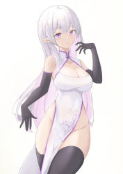Rule 34 | 1girl, absurdres, bare shoulders, black gloves, black thighhighs, breasts, china dress, chinese clothes, cleavage cutout, clothing cutout, dress, floral print, gloves, highleg, highleg dress, highres, indie virtual youtuber, large breasts, long hair, looking at viewer, no panties, pelvic curtain, pointy ears, purple eyes, shub-niggurath (vtuber), simple background, solo, standing, thighhighs, very long hair, virtual youtuber, white background, white dress, white hair, wo shige lu chile ni