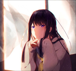 Rule 34 | 1girl, expressionless, female focus, hakusai (tiahszld), head rest, indoors, long hair, long sleeves, looking at viewer, neckerchief, original, own hands clasped, own hands together, school uniform, solo, tsurime, upper body, window