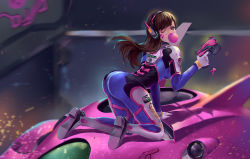 Rule 34 | 1girl, all fours, arched back, ass, bodysuit, breasts, brown eyes, brown hair, blowing bubbles, chewing gum, clothes writing, d.va (overwatch), eyelashes, facial mark, finger on trigger, floating hair, gloves, gun, headphones, holding, holding gun, holding weapon, long hair, looking at viewer, mecha, medium breasts, meka (overwatch), motion blur, mouth hold, one eye closed, overwatch, overwatch 1, pilot suit, robot, ryuu32, shadow, solo, swept bangs, weapon, whisker markings, white gloves