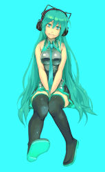 Rule 34 | 1girl, alternate hairstyle, aqua background, aqua eyes, bad id, bad pixiv id, boots, full body, green hair, hands on lap, hatsune miku, head tilt, headphones, long hair, necktie, simple background, sitting, skirt, solo, thigh boots, thighhighs, very long hair, vocaloid, yuuji (and)