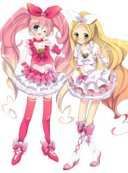 Rule 34 | 10s, 2girls, :p, blonde hair, blue eyes, blush, boots, bow, braid, brooch, choker, cure melody, cure rhythm, curly hair, dress, earrings, green eyes, hair ribbon, hairband, happy, heart, highres, houjou hibiki, jewelry, long hair, magical girl, midriff, minamino kanade, multicolored hair, multiple girls, open mouth, orange hair, pink hair, pointing, precure, ribbon, shoes, smile, suite precure, thighhighs, tongue, tongue out, twintails, uzuki aki, wink, wrist cuffs