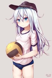 Rule 34 | 1girl, absurdres, anchor symbol, ball, black hat, blue buruma, blue eyes, breasts, buruma, closed mouth, collarbone, commentary request, flat cap, grey background, gym shirt, gym uniform, hair between eyes, hat, hibiki (kancolle), highres, holding, holding ball, kantai collection, long hair, shirt, short sleeves, silver hair, simple background, skindentation, small breasts, solo, standing, tateishi kureha, twitter username, very long hair, white shirt