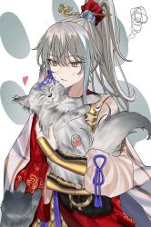 Rule 34 | 1boy, androgynous, archer (fate/samurai remnant), cat, chinese clothes, commentary, fate/samurai remnant, fate (series), grey hair, hair ornament, hair stick, highres, light (nightty45), male focus, parted lips, paw print, paw print background, ponytail, puffy sleeves, simple background, solo, squiggle, sweat, symbol-only commentary, upper body, white background, yellow eyes
