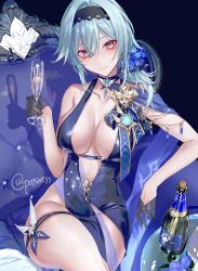 Rule 34 | 1girl, bare shoulders, blue hair, blush, breasts, cape, center opening, cleavage, closed mouth, cup, dress, drinking glass, eula (genshin impact), genshin impact, gloves, highres, large breasts, looking at viewer, medium hair, multicolored eyes, pottsness, see-through, see-through dress, solo, thick thighs, thigh strap, thighs, vision (genshin impact), wine glass