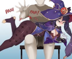 Rule 34 | 0chili, 1boy, 1girl, absurdres, ass, bent over, black hair, blush, breasts, cleavage, crying, elbow gloves, genshin impact, gloves, green eyes, hat, highres, large breasts, long hair, mona (genshin impact), money, over the knee, pantyhose, simple background, sitting, spanked, spanking, tearing up, thighs, twintails, white background, witch hat