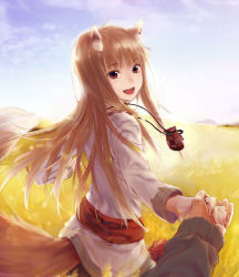 Rule 34 | 1girl, :d, animal ears, blush, brown hair, cover, english text, fang, field, holding hands, holo, kawakami rokkaku, long hair, looking at viewer, looking back, open mouth, pouch, pov, red eyes, smile, solo focus, spice and wolf, tail, wolf ears, wolf tail