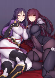 Rule 34 | 2girls, armor, asymmetrical docking, black gloves, blue eyes, blush, bodysuit, breast press, breasts, bright pupils, closed mouth, covered erect nipples, covered navel, curvy, evan yang, fate/grand order, fate (series), fingerless gloves, gloves, huge breasts, impossible bodysuit, impossible clothes, large breasts, light smile, long hair, looking at viewer, lying, minamoto no raikou (fate), multiple girls, on side, parted bangs, parted lips, pauldrons, purple hair, red eyes, scathach (fate), shoulder armor, turtleneck