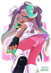 Rule 34 | 1girl, ass, boots, butt crack, cosplay, crown, fingerless gloves, from behind, gloves, long hair, looking at viewer, looking back, marina (splatoon), mole, mole under mouth, mtk hoshi, nintendo, octoling player character, open mouth, panties, pantyhose, pearl (splatoon), pearl (splatoon) (cosplay), pink panties, see-through, see-through legwear, smile, solo, splatoon (series), splatoon 2, tentacle hair, underwear, zipper, zipper pull tab, zipping