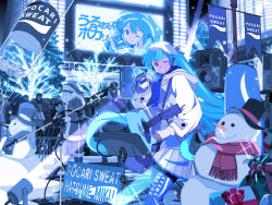 Rule 34 | acoustic guitar, aqua eyes, aqua hair, audience, billboard, blue legwear, blue scarf, blue theme, bottle, box, carrot, character name, christmas tree, city, coat, commentary, edoya inuhachi, flag, gift, gift box, guitar, hat, hatsune miku, highres, holding, holding bottle, instrument, keyboard (instrument), long hair, looking at viewer, microphone, microphone stand, music stand, night, pleated skirt, pocari sweat, product placement, santa claus, scarf, skirt, smile, snowman, speaker, spotlight, sunglasses, top hat, twintails, urban, very long hair, vocaloid, white coat, white skirt, winter