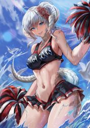 Rule 34 | 1girl, abs, ahoge, au ra, warrior of light (ff14), bare arms, bare shoulders, bikini, bird, black bikini, blue eyes, blue sky, braid, breasts, cheerleader, clothes writing, cloud, commission, cowboy shot, curled horns, day, dragon girl, dragon horns, dragon tail, final fantasy, final fantasy xiv, flower, french braid, from side, furiouzly, grey hair, hair flower, hair ornament, hair stick, highres, holding, holding pom poms, horns, large breasts, lens flare, looking at viewer, midriff, navel, ocean, outdoors, pom pom (cheerleading), pom poms, ponytail, scales, seagull, short hair, sideboob, single braid, sky, smile, solo, standing, swimsuit, tail, thighs, water