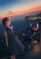 Rule 34 | 1girl, black dress, black hair, cable car, commentary, dress, evening, highres, horizon, low twintails, ocean, original, pier, pochi (poti1990), scenery, sleeveless, sleeveless dress, smokestack, solo, twilight, twintails