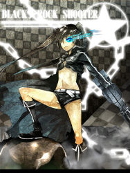 Rule 34 | 10s, bikini, bikini top only, black hair, black rock shooter, black rock shooter (character), blue eyes, boots, coat, gun, highres, laio, open mouth, shorts, solo, swimsuit, sword, twintails, weapon