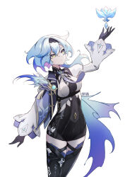 Rule 34 | 1girl, absurdres, arm up, artist name, baiyingzi de guaimao, black gloves, black hairband, blue cape, blue hair, blue necktie, boots, breasts, cape, chest harness, colored inner hair, cowboy shot, eula (genshin impact), facing up, feet out of frame, floating hair, genshin impact, gloves, gradient cape, hair between eyes, hairband, harness, high-waist shorts, highres, long sleeves, looking at object, medium breasts, medium hair, multicolored eyes, multicolored hair, necktie, object floating above hand, see-through cutout, serious, shorts, sidelocks, solo, thigh boots, vision (genshin impact), white background, white sleeves, wide sleeves, yellow eyes