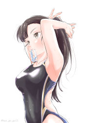 Rule 34 | 1girl, absurdres, arm behind head, armpits, black hair, blunt bangs, blush, bright pupils, brown eyes, collarbone, covered navel, girls und panzer, hair tie in mouth, highres, long hair, mouth hold, navel, nishi kinuyo, one-piece swimsuit, oze (xyz go go11), scrunchie, simple background, solo, standing, swimsuit, tying hair, water drop, white background, white pupils