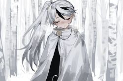 Rule 34 | 1boy, ahoge, birch tree, black jacket, cape, closed eyes, closed mouth, earpiece, forest, jacket, library of ruina, long hair, maratang, microphone, multicolored hair, nature, project moon, side ponytail, solo, streaked hair, upper body, very long hair, white background, white cape, white hair, yan vismok