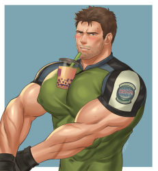 Rule 34 | 1boy, absurdres, bara, between pectorals, blue eyes, blush, brown hair, bubble tea, bubble tea challenge, chris redfield, covered abs, covered navel, cup, disposable cup, drink, drinking straw, covered erect nipples, facial hair, highres, huge nipples, k sen212, large pectorals, male focus, manly, meme, muscular, object on pectorals, pectorals, resident evil, resident evil 5, short hair, solo, stubble, upper body