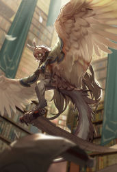 Rule 34 | 1girl, absurdres, brown hair, feather hair ornament, feathered wings, feathers, hair ornament, harpy, highres, holding, holding scroll, hololive, hololive english, library, long hair, mask, monster girl, multicolored hair, nanashi mumei, old-night, ponytail, scroll, solo, streaked hair, talons, very long hair, virtual youtuber, winged arms, wings
