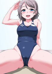 Rule 34 | 10s, 1girl, blue eyes, blue one-piece swimsuit, blush, breasts, cameltoe, competition swimsuit, gachon jirou, grey hair, looking at viewer, love live!, love live! sunshine!!, medium breasts, one-piece swimsuit, open mouth, salute, short hair, sitting, smile, solo, spread legs, sweat, swimsuit, teeth, watanabe you