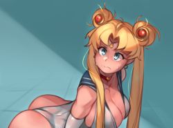Rule 34 | 1girl, all fours, ass, bishoujo senshi sailor moon, blonde hair, blue eyes, breasts, choker, cleavage, crescent, crescent earrings, earrings, female focus, hair ornament, heart, heart choker, highres, jewelry, kelvin hiu, magical girl, makeup, meme, parted lips, sailor collar, sailor moon, sailor moon redraw challenge (meme), solo, twintails