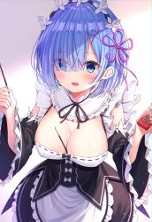 Rule 34 | 1girl, :d, absurdres, apron, between breasts, black dress, blue eyes, blue hair, blush, bow, breasts, cleavage, detached collar, detached sleeves, dress, eyes visible through hair, flower knot, food, frilled apron, frilled sleeves, frills, hair ornament, hair over one eye, hair ribbon, hairband, hairclip, highres, holding, holding food, large breasts, lolita hairband, long sleeves, looking at viewer, open mouth, pink ribbon, pocky, re:zero kara hajimeru isekai seikatsu, rem (re:zero), resolution mismatch, ribbon, short hair, smile, solo, source larger, waist apron, white apron, white bow, wide sleeves, x hair ornament, xue lu