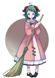 Rule 34 | 1girl, ahoge, animal ears, artist name, bamboo broom, broom, brown footwear, circle, commentary request, dress, full body, green eyes, green hair, holding, holding broom, kasodani kyouko, loafers, long sleeves, looking at viewer, namauni, petticoat, pink dress, shoes, short hair, signature, simple background, smile, socks, solo, standing, thick eyebrows, touhou, white background, white socks
