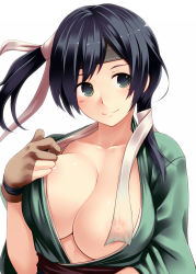 Rule 34 | 10s, 1girl, black hair, blue eyes, blush, breasts, cleavage, gloves, hair ribbon, headband, highres, japanese clothes, kantai collection, large breasts, nipples, partially fingerless gloves, partly fingerless gloves, ribbon, see-through, short hair, side ponytail, simple background, single glove, smile, solo, souryuu (kancolle), tro, twintails, uneven twintails, white background, yugake