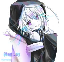 Rule 34 | 10s, 1girl, abyssal ship, bad id, bad pixiv id, grin, head tilt, hood, hooded jacket, jacket, kantai collection, looking at viewer, pale skin, purple eyes, re-class battleship, scarf, short hair, silver hair, smile, solo, upper body, yamine kuro