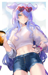 Rule 34 | absurdres, blue eyes, blue hair, blue nails, blush, border, breasts, bubble tea, cup, denim, denim shorts, dragon girl, dragon tail, dutch angle, elira pendora, eyes visible through hair, gloves, grey gloves, hair over one eye, head wings, heart, heart-shaped eyewear, heterochromia, highres, holding, holding cup, large breasts, long hair, looking at viewer, midriff, nail polish, naokomama, navel, nijisanji, nijisanji en, one eye covered, purple eyes, shorts, single glove, sky, smile, sunglasses, sweater, tail, virtual youtuber, white background, white sweater, wings
