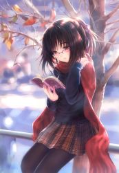 Rule 34 | 1girl, absurdres, autumn, black pantyhose, book, brown eyes, brown hair, from side, glasses, goto p, hair ribbon, highres, looking away, open book, original, outdoors, pantyhose, plaid, plaid skirt, ponytail, purple-framed eyewear, reading, red scarf, ribbon, scarf, short hair, skirt, solo, sweater, tree