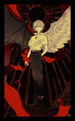 Rule 34 | 1boy, absurdres, angel wings, arm behind back, asymmetrical wings, belt, bident, black background, black border, black pants, border, brown belt, closed mouth, collared shirt, demon wings, feathered wings, full body, grey hair, highres, holding, holding weapon, kaminari s, looking at viewer, male focus, mismatched wings, multicolored background, nagisa kaworu, neon genesis evangelion, pants, polearm, red background, red eyes, red ribbon, red shirt, ribbon, shirt, short hair, short sleeves, solo, weapon, white shirt, wings