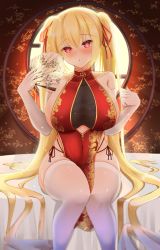 Rule 34 | 1girl, absurdres, azur lane, balut (7676i), blonde hair, blush, breasts, china dress, chinese clothes, commentary request, dress, hair ribbon, hand fan, highres, large breasts, long hair, looking at viewer, nelson (azur lane), red eyes, red ribbon, ribbon, sitting, solo, thighhighs, twintails, very long hair
