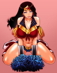 Rule 34 | 1girl, animification, bare shoulders, black hair, blue eyes, boots, breasts, cheerleader, chiba toshirou, cleavage, dc comics, earrings, front-tie top, full body, jewelry, large breasts, lips, long hair, midriff, navel, pink background, pom pom (cheerleading), raised eyebrow, sitting, smile, solo, star (symbol), star print, thighs, wariza, wonder woman, wonder woman (series)