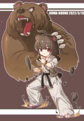 Rule 34 | 1girl, ahoge, animal ears, barefoot, bear, bell, belt, black belt, brown background, brown bag, brown hair, chinese commentary, commentary, dated, dougi, floating rock, hair bell, hair between eyes, hair ornament, hand up, highres, karate gi, kuma-bound, looking at viewer, open mouth, original, pouch, red eyes, rock, short sleeves, short twintails, solo, toes, twintails
