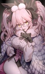 Rule 34 | 1girl, animal ears, black bow, black bowtie, black gloves, bow, bowtie, breasts, buttons, cloak, commentary request, fake animal ears, fang, fate/grand order, fate (series), fur-trimmed cloak, fur trim, glasses, gloves, hair between eyes, hair bow, hand on own hip, highres, index finger raised, koyanskaya (assassin) (second ascension) (fate), koyanskaya (fate), koyuki suzu, large breasts, leotard, long hair, long sleeves, looking at viewer, pantyhose, pink hair, playboy bunny, rabbit ears, skin fang, solo, tamamo (fate), twintails, twitter username, white cloak, white pantyhose, yellow eyes