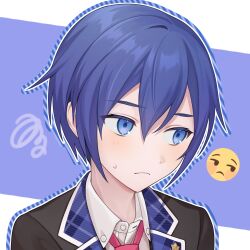 Rule 34 | 1boy, blue eyes, blue hair, blush, collared shirt, emoji, highres, jacket, kaito (vocaloid), leo/need (project sekai), leo/need kaito, looking away, looking to the side, male focus, necktie, project sekai, scribble, shirt, short hair, solo, sweat, vocaloid, vs0mr
