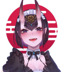 Rule 34 | 1girl, alternate costume, bare shoulders, bob cut, breasts, brooch, detached collar, egasumi, enmaided, eyeliner, fangs, fate/grand order, fate (series), headpiece, highres, horns, jewelry, looking at viewer, maid, maid headdress, makeup, oni, open mouth, pointy ears, portrait, puffy short sleeves, puffy sleeves, purple eyes, purple hair, rising sun flag, roll out road, short hair, short sleeves, shuten douji (fate), skin-covered horns, small breasts, smile, solo, sunburst, white background