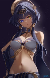 Rule 34 | 1girl, bare shoulders, black hairband, blue gemstone, blue hair, breasts, bright pupils, brooch, candace (genshin impact), choker, cleavage, crop top, dark-skinned female, dark skin, detached sleeves, egyptian clothes, eye of horus, gem, genshin impact, gold choker, gold trim, gradient background, groin, hair intakes, hair ornament, hair over shoulder, hair tubes, hairband, hand on own hip, heterochromia, highres, jewelry, looking at viewer, medium breasts, navel, purple background, purple eyes, short hair with long locks, sidelocks, signature, solo, star (symbol), starry background, stomach, twintails, tyenka7728, white pupils, yellow eyes