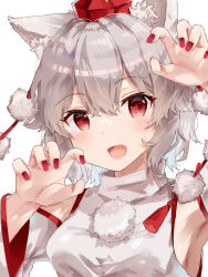 Rule 34 | 1girl, :d, animal ear fluff, animal ears, armpits, arms up, breasts, claw pose, detached sleeves, fang, hat, highres, inubashiri momiji, looking at viewer, nail polish, nasub2929, open mouth, pom pom (clothes), red eyes, red nails, shirt, short hair, simple background, small breasts, smile, solo, tokin hat, touhou, white background, white hair, white shirt, white sleeves, wolf ears, wolf girl